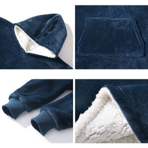 Patura cu maneci, tip hanorac lung, marime universala, din fleece captusit cu blana, cu buzunare, mansete si gluga, albastru