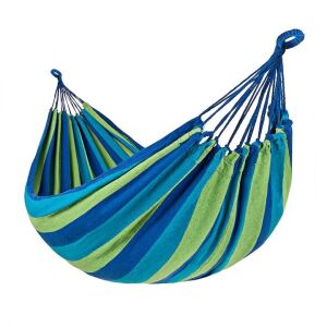 Hamac din bumbac, pentru relaxare, dimensiuni 180 x 80 cm, cu bara de lemn, greutate maxima suportata 150kg, verde/albastru