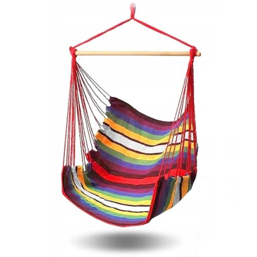 Többszínű függőágy hinta szék erős fogantyúkkal és erős kötelekkel, fehér alapon