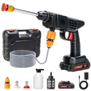 Aparat de spalat cu presiune, tip pistol, cu acumulator, cu 3 moduri de spalare, recipient pentru spuma, filtru si duze incluse, negru