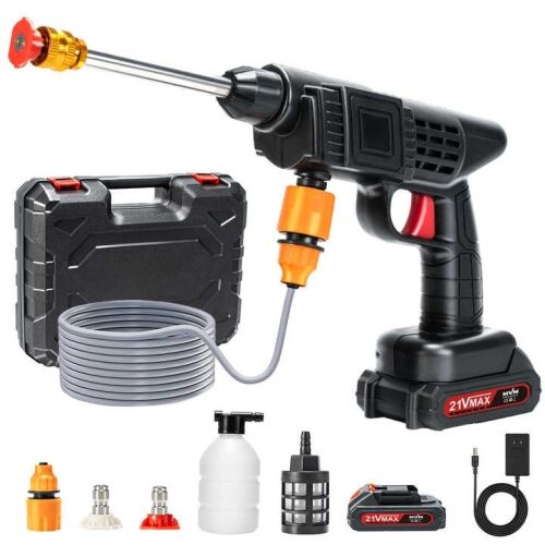 Foxmag24 akkumulátoros magasnyomású mosó készlet: magasnyomású mosópisztoly, fúvókák, tömlő, akkumulátor, töltő, tok.