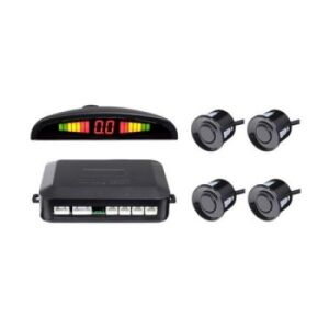 Parkoló szenzor készlet LED kijelzővel, vezérlőegységgel és négy ultrahangos szenzorral fehér háttéren. - Tolatóradar