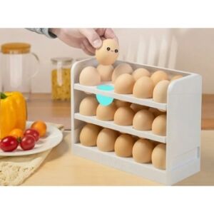 Recipient depozitare oua, cu 3 nivele, capacitate 30 de oua, din plastic, dimensiuni 25x10x18 cm, alb