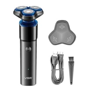 Aparat ras electric, cu 3 capete rotative, din metal si plastic, incarcare USB, buton blocare, baza magnetica detasabila, negru