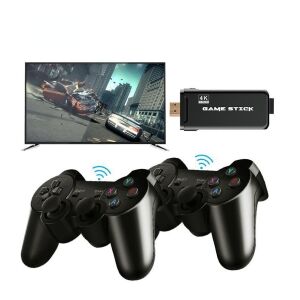 Ретро видео игра конзола с двойни безжични контролери и HDMI донгъл, свързан към телевизор - Конзола за игри