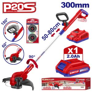 Elektrický vyžínač/krovinorez s 1 ks 2.0AH batériou, nastaviteľnou rukoväťou, 2.0AH, 300mm - ELGT203285, EMTOP 135114571 - Kosačky na trávu a orezávačky