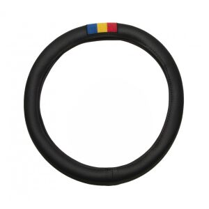 Fekete perforált műbőr kormánykerékborítás ROMÁNIA zászlóval, 45-46 cm átmérőjű, VOLVO kompatibilis 134840091 - Autós kormányhuzat