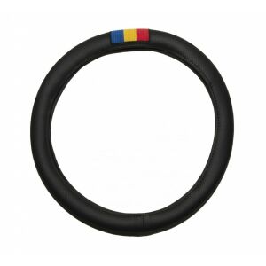 Fekete perforált műbőr kormánykerékborítás ROMÁNIA zászlóval, 45-46 cm átmérőjű, MERCEDES kompatibilis 134840251 - Autós kormányhuzat