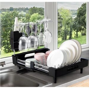Edényszárító üvegtartóval, kihúzható, vízelvezető nyílással, méretek 32-47 x 34 x 38,5 cm, fémből, fekete
