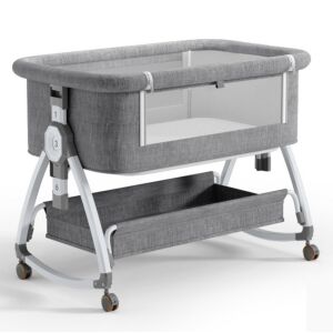 összecsukható kiságy, 6 állítható pozíció, dönthető, zárrendszer, rovarháló, tárolókosár, kerekek fékekkel, szürke 134887938 - Babaszoba bútor
