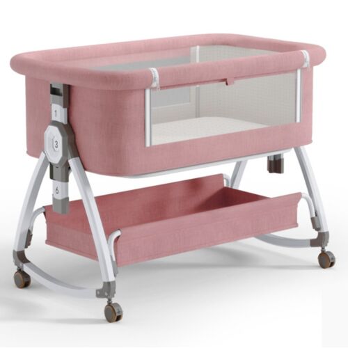 3 az 1-ben Összecsukható Baba kiságy, 6 állítható pozíció, dönthető, zárrendszer, rovarháló, tárolókosár, kerekek fékekkel, rózsaszín