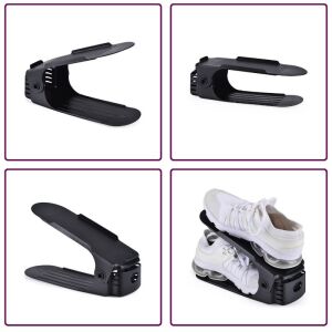 Неплъзгаща се и регулируема поставка за обувки за съхранение на чифт обувки, PP, 6x25.5x11/17 см, Черна