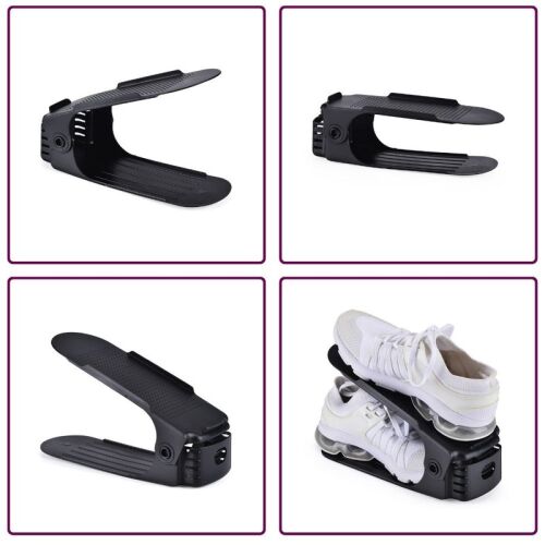 Колаж от черен регулируем органайзер за обувки, множество изгледи и примери за обувки