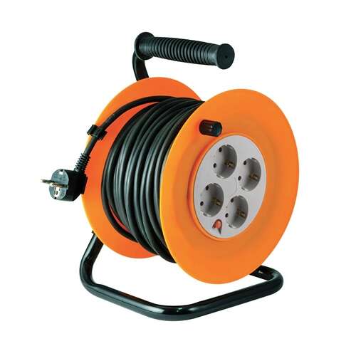 Káblový bubon Somogyi s 50m káblom a 4 uzemnenými zásuvkami, oranžový