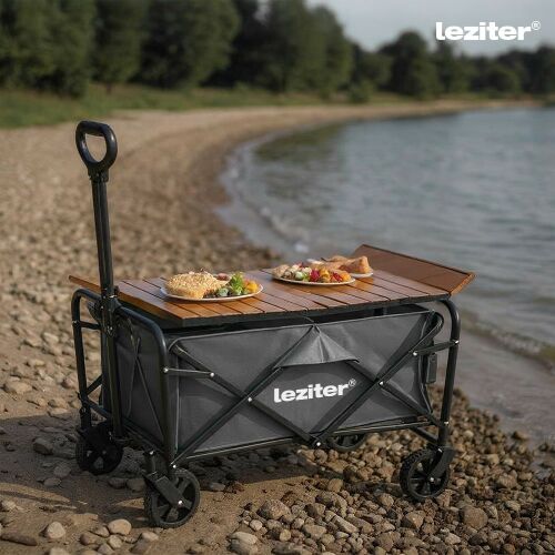 Leziter összecsukható kerti kocsi asztallal a strandon, szürke