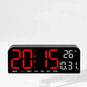 Moderne digitale LED-Uhr mit roter Anzeige von Uhrzeit, Datum und Temperatur - Innenarchitektur