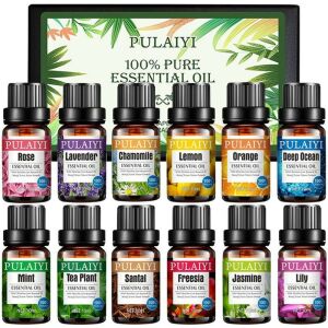 Pulaiyi 12-teiliges Set ätherischer Öle: Rose, Lavendel, Kamille, Zitrone, Orange, Tiefsee, Minze, Teebaum, Sandelholz, Freesie, Jasmin, Lilie - Lufterfrischer