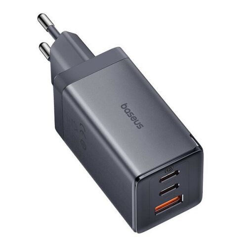 Baseus GaN5 65W szürke USB-C hálózati töltő ferde nézet