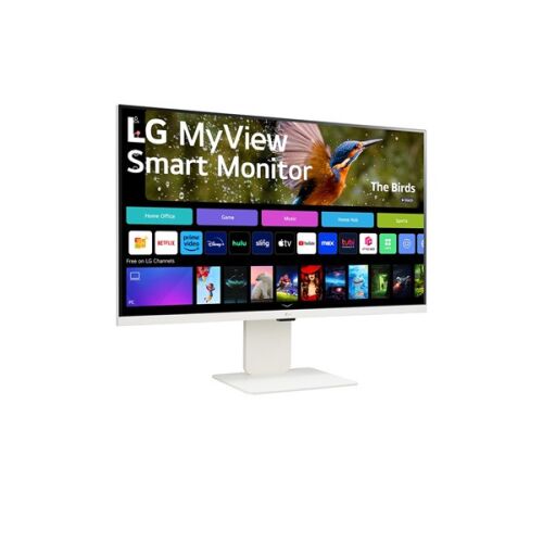LG 32SR85U-W 31.5 hüvelykes UHD Smart Monitor ferde nézetben, streaming alkalmazásokkal