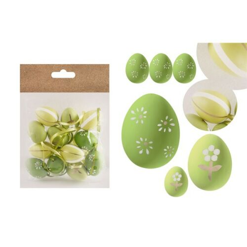 IRIS dekor műanyag tojás x12 zöld virágos/csíkos 3x4cm 135010800