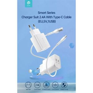 Devia ST364037 2xUSB 2,1A fehér hálózati töltő adapter + USB - Type-C 1m kábel 135020091 - Devia