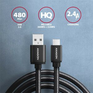 Axagon Micro USB 2.0 kábel - 1m, Fekete, Gyors töltés és adatátvitel 135028468 - USB kábel