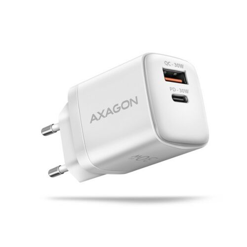 Încărcător de perete alb Axagon ACU-PQ30W USB-C și QC3.0 30W, vedere în unghi