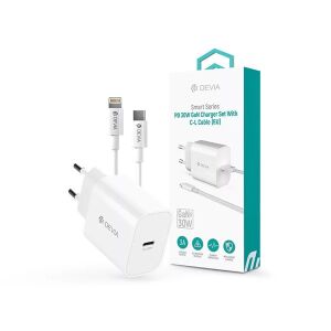 Devia ST109568 Smart Series 30W GaN PD+QC fehér hálózati gyorstöltő adapter + Type-C/Lightning kábel 135038799 - Devia