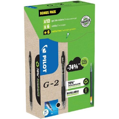 Pilot G2 Greenpack 0.7mm fekete zselés toll 12 darabos csomag betétekkel, Környezetbarát