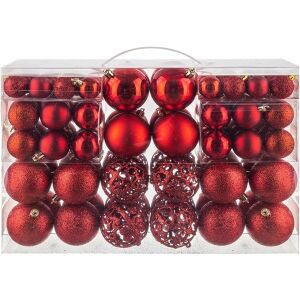 Iris Karácsonyfa gömb szett, 100 piros dísz átlátszó műanyag dobozban - Karácsonyfadísz