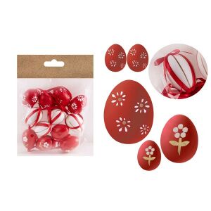 IRIS dekor műanyag tojás x12 piros virágos/csíkos 3x4cm 135056134 - Szezonális dekoráció