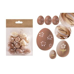IRIS dekor műanyag tojás x12 natúr virágos/csíkos 3x4cm 135023423 - Szezonális dekoráció