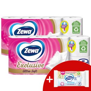 Zewa Exclusive Ultra Soft Toilet Paper 2x8 rolls with free wet wipes - Household paper products