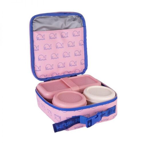 Nyitott MILAN Izoterm rózsaszín uzsonnástáska bálna mintával és 3 ételtároló dobozzal
