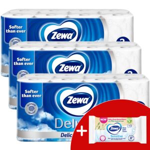 Zewa Deluxe Delicate Care тоалетна хартия 3 пласта 3x16 ролки + безплатна мокра тоалетна хартия - Домакински хартиени продукти
