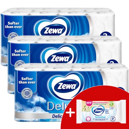 Zewa Deluxe Delicate Care 3 rétegű toalettpapír 3x16 tekercs + Ajándék nedves WC papír