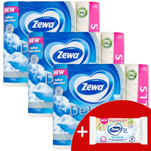 Zewa Deluxe Delicate Care toalettpapír 32 tekercses csomag ajándék nedves törlőkendővel