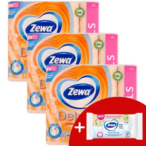 Zewa Deluxe Cashmere Peach Toalettpapír 32 tekercs + Nedves Törlőkendő Csomag