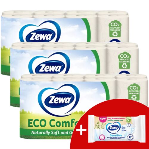 Zewa Eco Comfort Toalettpapír 3x16 tekercs ajándék nedves törlőkendővel