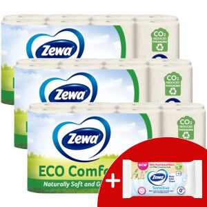 Zewa Eco Comfort Тоалетна хартия 3x16 ролки с безплатни мокри кърпички - Баня и Тоалетна хартия