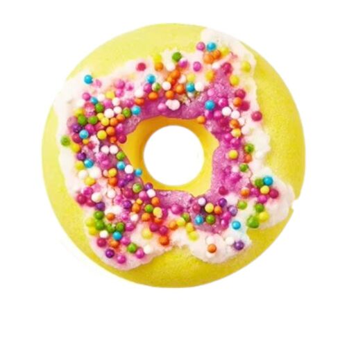 Sadoer Fánk Fürdőbomba - Kamilla #02, sárga fánk fürdőbomba szórással