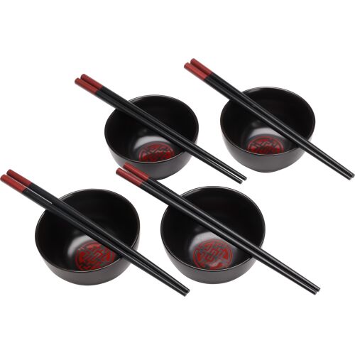 Set sushi Excellent Houseware 8 piese cu 4 boluri ceramice negre și 4 perechi de bețe de bambus