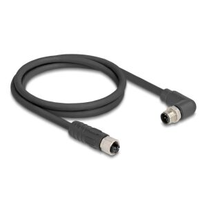 Delock M12 kábel L-kódolt 4 tűs jobbra hajlított apa egyenes anya PUR húzóláncokhoz alkalmas 1 m fekete 135371363 - DC kábel