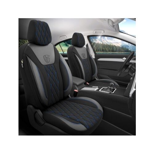 Huse auto albastre Bronco montate în interiorul unei mașini