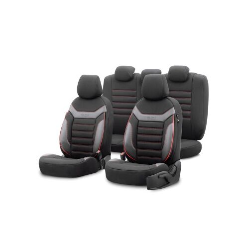 Set complet de huse pentru scaune auto în negru și gri, oferind protecție completă a interiorului.