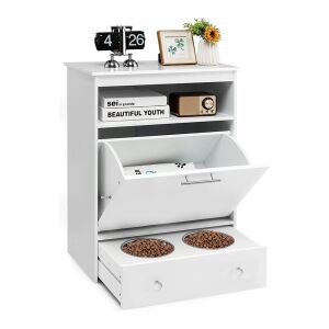 Timeless Tools biela kŕmna stanica pre domáce zvieratá s úložným priestorom a dvoma miskami z nehrdzavejúcej ocele - Miska na kŕmenie a napájanie pre malé zvieratá