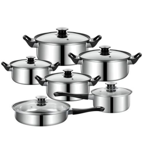 Retoo 12-piece stainless steel cookware set with glass lids