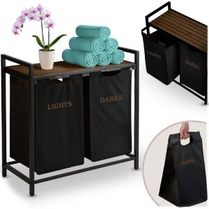 Massido industrial style laundry basket with two compartments, wooden shelf, and removable liners. - Laundry Basket