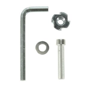 Mounting hardware for climbing holds: Allen wrench, screw, washer, and T-nut. - Outdoor Toy