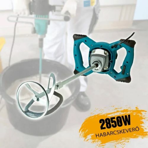 Kirschner KR4000 2850W habarcskeverő használat közben, cementet kever egy vödörben
